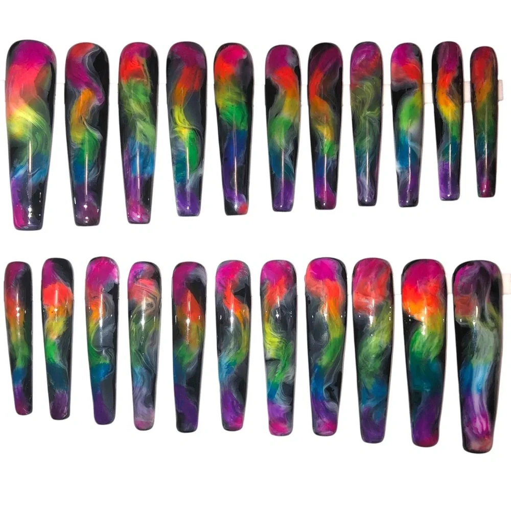 Custom Handmade Set of 22 Press On Nails 2X Long Coffin Shape Black & Ne… - Picture 7 of 9